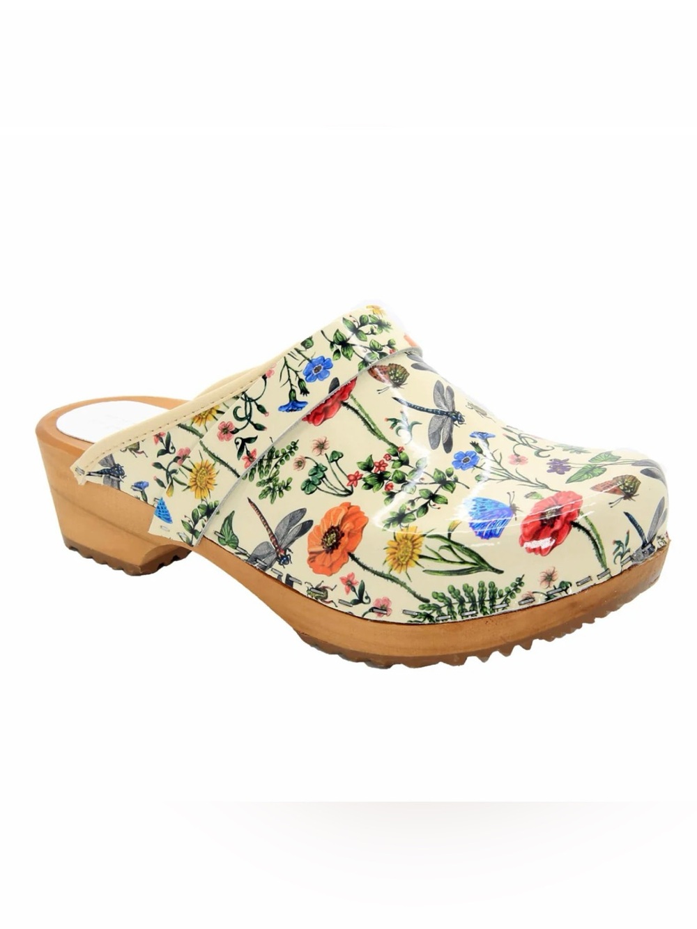 BJORK SAWEDISH Floral Print Slip-On Clogs in Cream